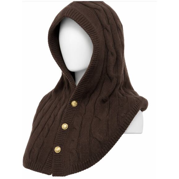 MICHAEL Michael Kors Accessories - Michael Michael Kors Hooded Scarf Cable Knit Brown Gold Buttons Snood Balaclava